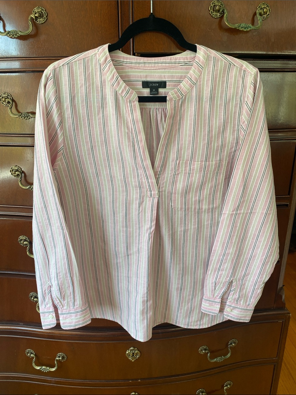 J. Crew Pink, Tan, Black Striped 100% Cotton V neck Shirt